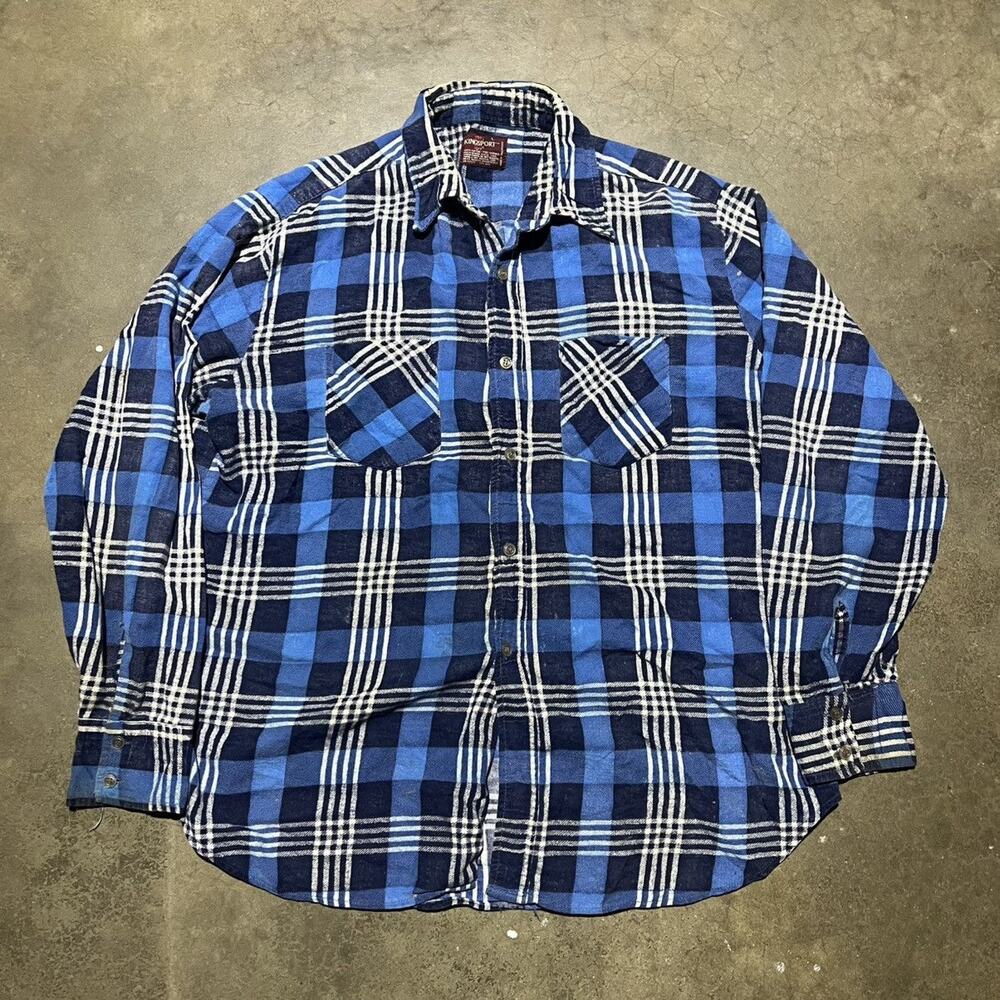 Vintage 80s Kingsport Blue/Black Plaid Cotton Flannel